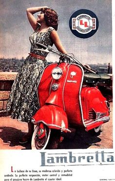 an advertisement for the lambreta scooter with a woman in a dress