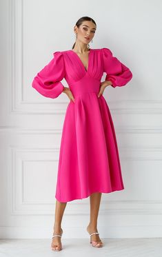 Fabric: Crepe Cotton 75%, Polyester 20%, Elastane 5% V-neck Puff sleeves Long sleeves Midi length Color: White, Purple, Black, Crimson Elegant Evening Gowns, Classy Dress Outfits, Puff Sleeve Dresses, Pink Midi Dress, Midi Dress With Sleeves, Long Sleeve Midi, Crepe Dress, Casual Summer Dresses, Purple Black