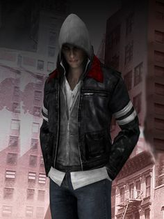 a man standing in the middle of a city street wearing a hoodie and jeans