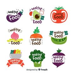 healthy food stickers are displayed on a white background