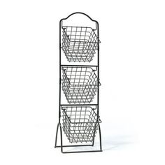 three tiered metal basket stand with two baskets on each side and one hanging from the top