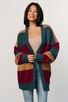 Jonah Chunky Knit Cardigan | Deep Topaz Multi - Baltic Born Oversized Cardigan Outfit, Crochet Cardigan Free, Fashion Show Poster, Baby Cardigan Pattern, Knit Cardigan Pattern, Crochet Baby Cardigan, Baltic Born, Woven Sweater, Style Comfortable