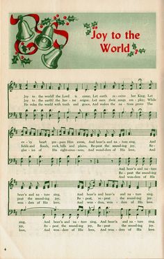 an old christmas card with music notes and bells on the page, joy to the world