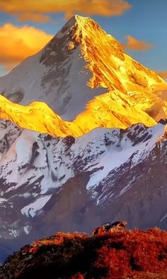 the mountain is covered in snow and has yellow light on it's peaks