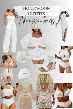 a woman in white clothing and accessories with the words honeymoon outfits amazon finds on it