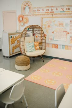 a room with a bird cage, chair and rug