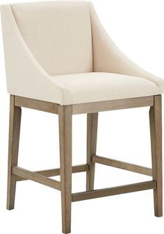 a white upholstered chair with wooden legs and backrests, viewed from the front