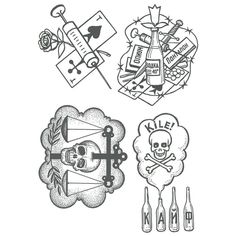 three different tattoo designs, one with a skull and the other with a cross on it