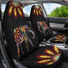 the car seat covers are decorated with colorful flowers