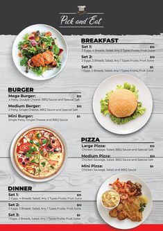 a menu with different types of food on it, including pizzas and salads