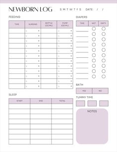 the printable newborn log is shown in purple and white, with baby's name on