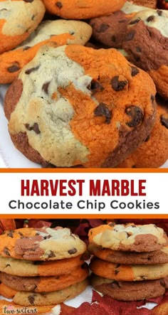 chocolate chip cookies are stacked on top of each other with the words harvest marble above them