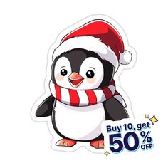 a penguin with a santa hat and scarf on it's head is standing in front of the sale sign