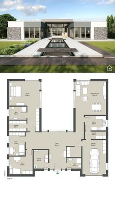 Bungalow Haus Design modern mit GarageFlachdachInnenhof im Bauhausstil bauenHaus Grundriss in U FormFertighaus rund 180 qm4 ZimmerPlan HD24830Fertighaus Bungalow Cote d’AzurGussek Haus - Bungalow Haus Design innen aussen mit HausgrundrissHausbau IdeenGrundriss PläneInneneinrichtungFassadeArchitektur Inspiration und Traumhaus Pläne auf HausbauDirekt.de Bungalow House Floor Plans, Modern Bungalow House Plans, Casa Country, Building Plans House, Architecture Model House