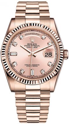 118235 | M118235-0029 ROLEX DAY-DATE MEN'S OR WOMEN'S LUXURY WATCH - With Manufacturer Serial Numbers - Swiss Made - Pink Dial Set with Diamonds - 10 Diamonds Set on Dial - Solid 18k Everose Gold Fluted Bezel - Day and Date Features - Self-winding Automatic Chronometer Movement - 6 Year Warranty - Guaranteed Authentic - Certificate of Authenticity - Manufacturer Box & Manual - Solid 18k Everose Gold Case & President Bracelet - Scratch Resistant Sapphire Crystal - 100 Meters / 330 Feet Waterproof - 36mm = 1 1/3" Case, 6.5" Adjustable Bracelet - Deployment Buckle - Screw Down Crown & Caseback - Free Bracelet Sizing     Also Known As Model # 118235-PNKDFP Rolex Rose Gold, Staple Jewelry, Rolex Watch Price, Rolex Diamond Watch, Rolex Wrist Watch, Mens Rose Gold Watch, Rolex Diamond, Buy Rolex, Watches Rolex