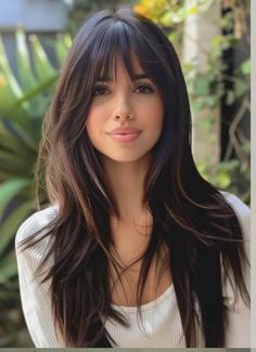 Long Length Haircut No Layers, Bangs And Face Shape, Long Haircuts For Heart Shaped Faces, Long Straight Hair With Layers And Bangs, Long Latina Hair, Bangs For High Forehead, Side Bangstyle Hair Long Layers, Modern Shag Haircuts Long Straight, Haircut To Look Younger