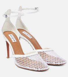 Leather-trimmed mesh pumps in white - Alaia | Mytheresa Luxury Mesh Heels For Formal Occasions, Luxury Mesh Heels, Leather Sole Court Shoes For Summer Evenings, Summer Evening Court Shoes With Leather Sole, Designer Ballet Flats, Minimal Shoes, Mid Heel Boots, Mid Heels Pumps, Mid Heel Sandals