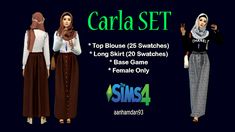 three women in different outfits with the caption's top blouse 25 swatches long skirt 20 pants base game female only