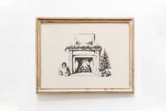 a drawing of a fireplace with christmas decorations