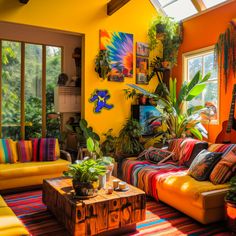 a living room filled with lots of colorful furniture and plants on top of the walls