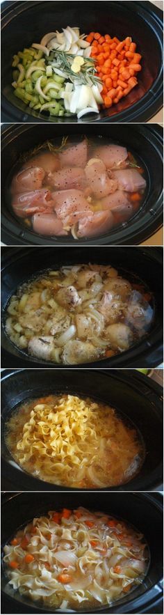 four images show different types of food being cooked in the same pans, including chicken and noodles