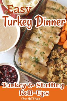 A pan filled with turkey and stuffin roll-ups and carrots with cranberry sauce. Easy Turkey Dinner, Stuffed Turkey Roll, Turkey Roll, Turkey Meals, Leftover Ideas, Turkey And Stuffing, Dinner Meat