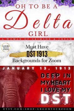 an elephant is standing in front of a red and white sign with the words, oh to be a delta girl