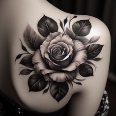 the back of a woman's shoulder with a rose tattoo on it and leaves