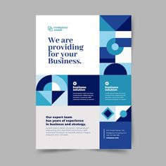 a blue and white brochure with geometric shapes