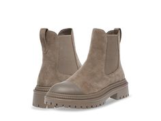 Steve Madden Mayslie - Women's Boots : Taupe Suede : Formed with a leather and synthetic upper with a contrasting cap toe and an easy pull-on style with stretch gores, the Steve Madden Mayslie Boots are perfect for the minimalist fashion lover who does not want to skip comfort. Boasting the classic Chelsea boot silhouette with upgraded modern design elements, the ankle-high shoes are elevated by a lug sole with a block heel. Textile and synthetic lining. Synthetic insole. Synthetic rubber outsol High Shoes, Chelsea Boot, Lug Sole, Steve Madden Shoes, Fashion Lover, Minimalist Fashion, Women's Boots, Steve Madden, Chelsea Boots