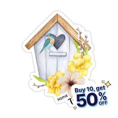 a birdhouse with flowers and a heart on it's side for the sale