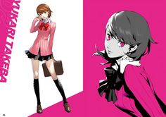 an anime character is holding a briefcase and talking on the phone while standing in front of a pink background