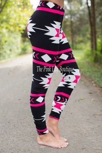 Black and Pink Aztec Leggings - The Pink Lily Boutique Aztec Leggings, High Waist Sports Leggings, Western Aztec, Elastic Leggings, Color Block Leggings, Cute Leggings, Patterned Leggings, Black And Purple