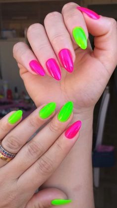 Lime Green Pink Nails, Green And Pink Neon Nails, Super Colorful Nails, Neon Pink And Purple Nails, Deepavali Nails, Summer Nail Color 2023, Alternating Nail Color, Neon Green Almond Nails, Pink And Lime Green Nails