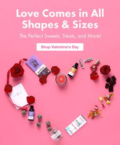 valentine's day items arranged in the shape of a heart on a pink background