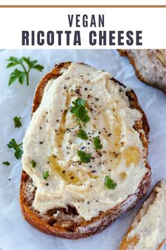 vegan ricotta cheese on bread with parsley