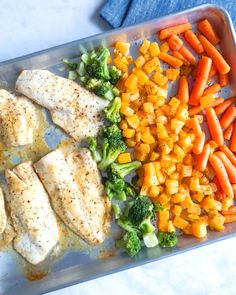 chicken, carrots and broccoli on a tray