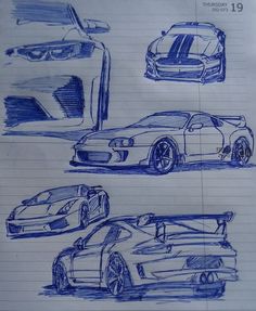 four different sports cars drawn in blue ink