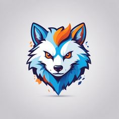 a wolf's head with orange and blue colors