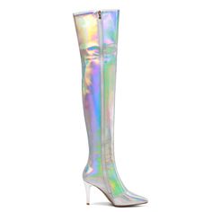 These holographic thigh high boots are sure to turn heads! They have a pointed toe and stiletto heels. and they zip up the back for a snug fit. They're also lined with plush fabric for a comfortable wear.Plus. they come in the most eye-catching silver hue. Whether you're hitting the club or just strutting your stuff around town. these boots are sure to get you noticed. So add them to your wardrobe and get ready to make a statement! Upper: Microfiber Lining: Short Plush Outsole: Rubber Toe: Point Metallic Fitted Heeled Boots With Pointed Toe, Metallic Fitted Boots For Night Out, Fitted Metallic Boots For Night Out, Boots With Heels, Silver Holographic, Plush Fabric, The Club, Thigh High Boots, Thigh High