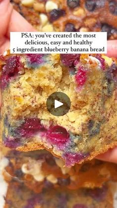 10K views · 1.4K reactions | RECIPE BELOW 👇🏽 ⁣
🫐 BLUEBERRY BANANA BREAD 🫐 ⁣
⁣
I present to you the most delicious blueberry loaf EVER. ⁣
⁣
You only need 5 ingredients, 10 minutes to prep and one bowl. Does it get any easier?⁣
⁣

⁣
DB x⁣
⁣
⁣
INGREDIENTS ⁣
⁣
▪️3 large very ripe bananas, mashed⁣
▪️1/4 cup maple syrup or any sweetener ⁣
▪️1/3 cup coconut oil, melted⁣
▪️1 1/2 cups  self raising flour, GF if needed ⁣
▪️1 cup blueberries and reserve some for the topping ⁣
▪️Handful of white chocolate chips (optional)⁣
⁣
METHOD ⁣
⁣
▪️Preheat oven to 180c⁣
▪️In a large bowl, mix all the ingredients (apart from toppings) together ⁣
▪️In a prepared loaf tin, pour the batter in. Top with blueberries and chocolate chips⁣
▪️Bake for 45-55 minutes or until toothpick comes out clean ⁣
⁣
⁣(via @doctorb Blueberry Banana Bread, Banana Blueberry, Bread And Pastries, Pastry Recipes, White Chocolate Chips, Ripe Banana, Healthy Dessert Recipes, Healthy Dessert