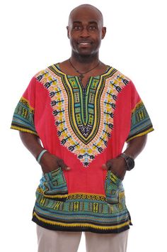 Watermelon Red Traditional African Print Dashiki Shirt DP3975M 100% Cotton Comfortable Dashiki Shirt Loose Fitting Color- Red Senator Wears, Dashiki Shirt, African Dashiki, African Clothing For Men, Watermelon Red, African Men, African Dresses For Women, Print Hoodie, African Dress