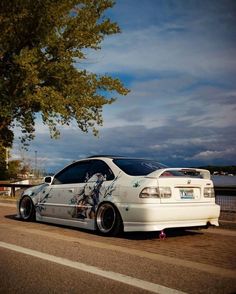 a white car is parked on the side of the road near a tree and water