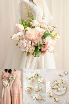 wedding bouquets and bridesmaids in pastel colors, with flowers on them