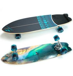 two skateboards sitting next to each other on a white surface and one has blue wheels