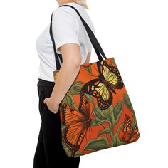 "Embrace the enchanting spirit of summer with our Orange Glow & Butterflies Tote Bag, inspired by the exquisite designs of William Morris. Ideal for beach trips, shopping outings, or picnics, this tote bag showcases a vibrant display of an orange glow and fluttering butterflies, merging the magic of summer with functional design. The tote bag features an enchanting depiction of radiant butterflies against a warm orange glow, capturing the allure and liveliness of a summer day. Its ample interior Orange Summer Bag For Gift, Multicolor Canvas Bag As Summer Gift, Multicolor Canvas Bag For Summer Gift, Orange Gift Bag For Summer, Summer Orange Gift Bag, Orange Square Shopping Bag, Butterfly Print Bag For Gift, Vintage Orange Tote Shoulder Bag, Luxury Orange Tote Bag