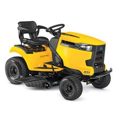 a yellow riding lawn tractor on a white background