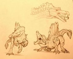 three different types of godzillas are shown in this sketching book, one is drawn and the other is drawn