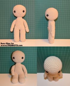 crocheted dolls sitting on top of each other in four different positions, with one being held by the other