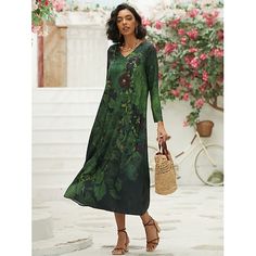 Season:Summer,Fall,Spring; Fabric:Polyester; Sleeve Length:3/4 Length Sleeve; Look After Me:Machine wash; Gender:Women's; Style:Classic,Casual,Modern; Elasticity:Micro-elastic; Occasion:Vacation,Holiday,Daily,Weekend; Fit Type:Regular Fit; Dresses Type:Casual Dress,Ethnic Dress; Pattern:Floral; Design:Print; Neckline:V Neck; Brand:Shall We; Front page:FF; Production mode:External procurement; 2024 Trends:2023; Bust:; Length:; Fit US Size:null; Fit UK Size:null; Fit EU Size:null; Dress Length Typ Women's A Line Dresses, Dresses Casual Winter, Floral Dress Casual, Ethnic Dress, Maxi Dress Green, Vestido Casual, Style Maxi Dress, Loose Dress, Types Of Dresses